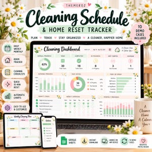 May include: A digital cleaning schedule and home reset tracker displayed on a laptop, tablet, and smartphone screen. The interface features a dashboard with progress charts, task lists, and room-specific trackers in a pastel color palette.