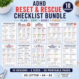 May include: A digital bundle of 10 ADHD reset and rescue checklists featuring titles like Deadline Rescue, Digital Clutter, Doom Pile, Email Overwhelm, Forms and Paperwork, Holiday Overwhelm, Life Admin, Lost Item Search, Phone Call Prep, and Unfinished Tasks.