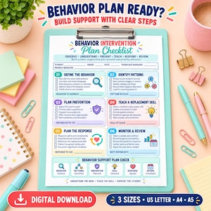 May include: A behavior intervention plan checklist on a light blue clipboard. The document features six numbered sections for defining behavior, identifying patterns, planning prevention, teaching skills, planning responses, and monitoring progress.