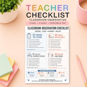 May include: A printable teacher checklist for classroom observation titled "Classroom Observation Checklist" with four sections: Prepare the Lesson, Teach with Clarity, Collect Learning Evidence, and Reflect and Grow, featuring checkboxes and lines for notes.