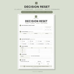 Decision Reset Worksheet, Executive Function Planner, ADHD Decision Making Printable PDF