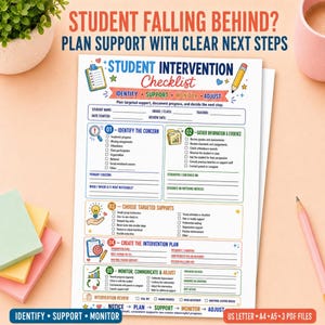 May include: A white paper Student Intervention Checklist with blue, green, and orange text and icons. The document includes sections for identifying concerns, gathering evidence, choosing supports, creating plans, and monitoring progress for students.