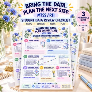 Könnte beinhalten: Eine druckbare Checkliste zur Überprüfung von Schülerdaten für MTSS und RTI mit sechs nummerierten Abschnitten, Blumenillustrationen und dem Text BRING THE DATA. PLAN THE NEXT STEP. STUDENT DATA REVIEW CHECKLIST. Verfügbar in US Letter, A4 und A5.
