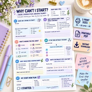Plantilla imprimible para generar ideas, hoja de trabajo para superar la parálisis por tareas, planificador de productividad, herramienta de autorreflexión y para controlar el exceso de pensamiento, PDF para la resolución de problemas.