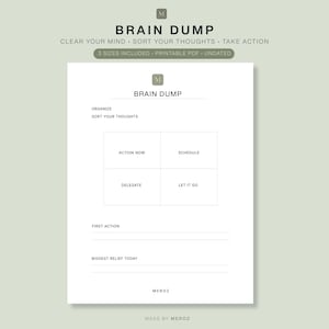 Brain Dump Planner, ADHD Thought Organizer, Mental Clarity Worksheet, Executive Function Printable PDF