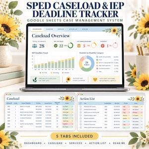K&ouml;nnte beinhalten: Ein digitales SPED-Fallmanagement- und IEP-Fristen-Tracker-System f&uuml;r Google Sheets auf einem Laptop-Bildschirm, mit einem Dashboard f&uuml;r Sch&uuml;lerdaten, einer Fallliste und einer Aufgabenliste, verziert mit Sonnenblumen-Grafiken.