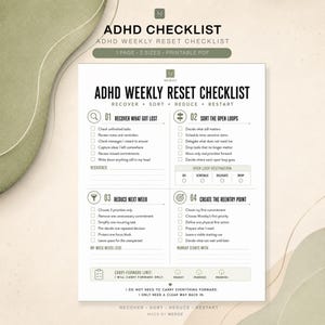 ADHD-checklista för veckovis återställning, stöd för exekutiva funktioner (utskrivbar PDF)