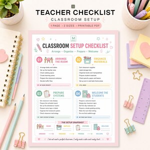 Peut inclure: Une liste de contrôle imprimable pour la préparation d'une salle de classe avec une bordure rose. La page est divisée en quatre sections numérotées : organiser la salle, organiser le matériel, préparer les systèmes et accueillir les élèves.