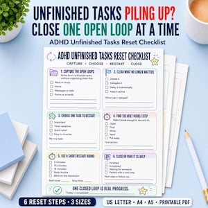 May include: A printable ADHD Unfinished Tasks Reset Checklist with six steps: Capture, Choose, Restart, and Close. The document features checkboxes, lines for notes, and icons like a folder, flag, puzzle piece, clock, and letter P on a white background.