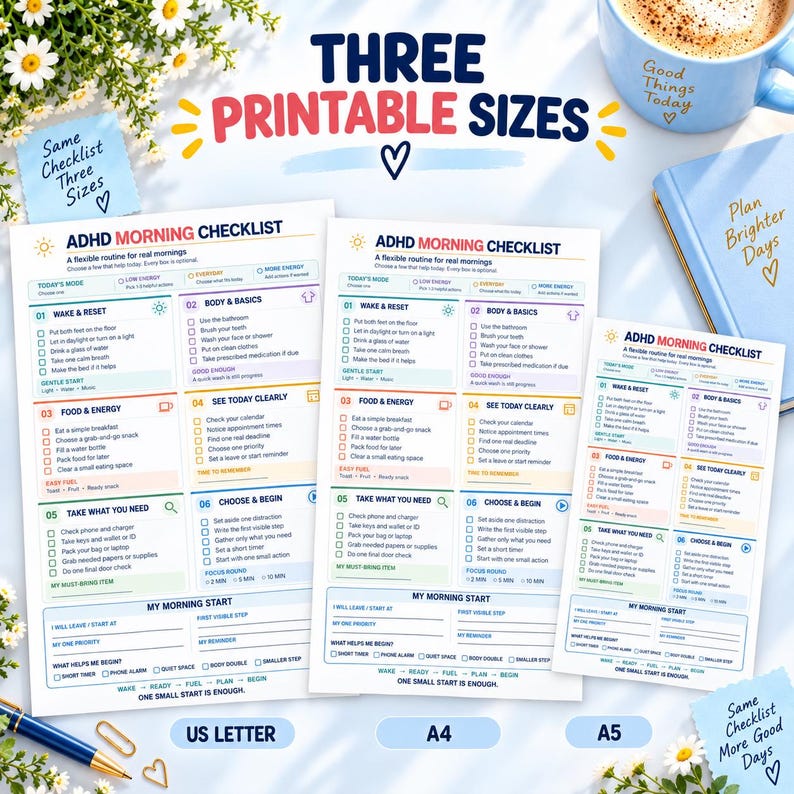 May include: Three printable ADHD morning checklist sheets in US Letter, A4, and A5 sizes. Each white paper features a structured routine with sections for wake and reset, body and basics, food and energy, see today clearly, and choose and begin.