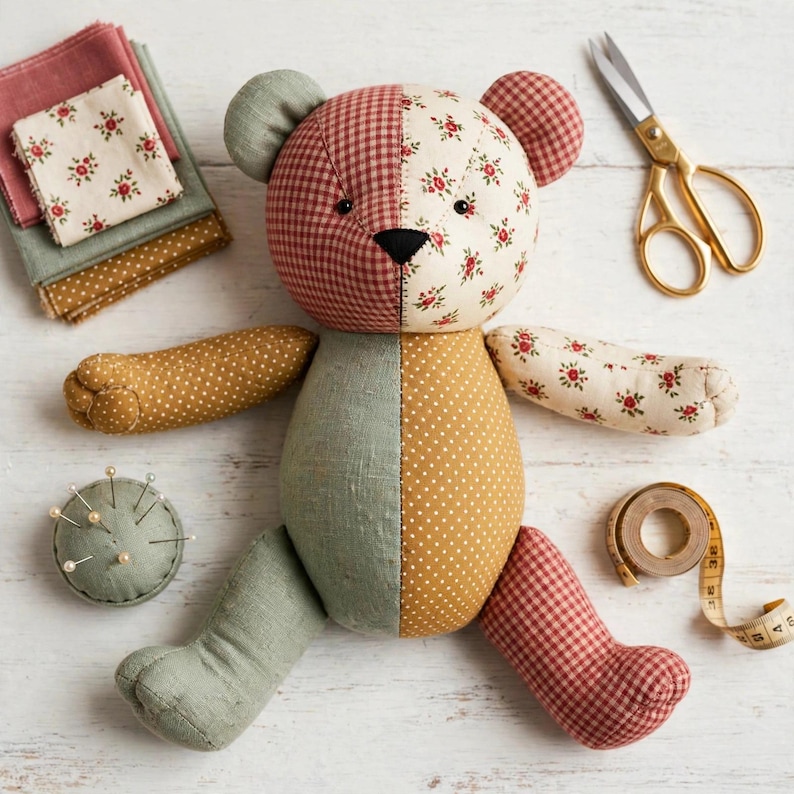 May include: A patchwork teddy bear constructed from various fabrics including red gingham, cream floral print, mustard yellow polka dot, and sage green linen. The bear is surrounded by a stack of fabric squares, metal scissors, a pin cushion, and a tape measure.
