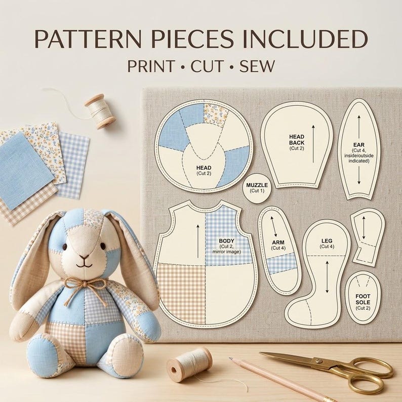 Memory Bunny Sewing Pattern, Patchwork Rabbit PDF Pattern, Stuffed Animal Pattern, Plush Bunny Toy, DIY Soft Toy Sewing Pattern image 3