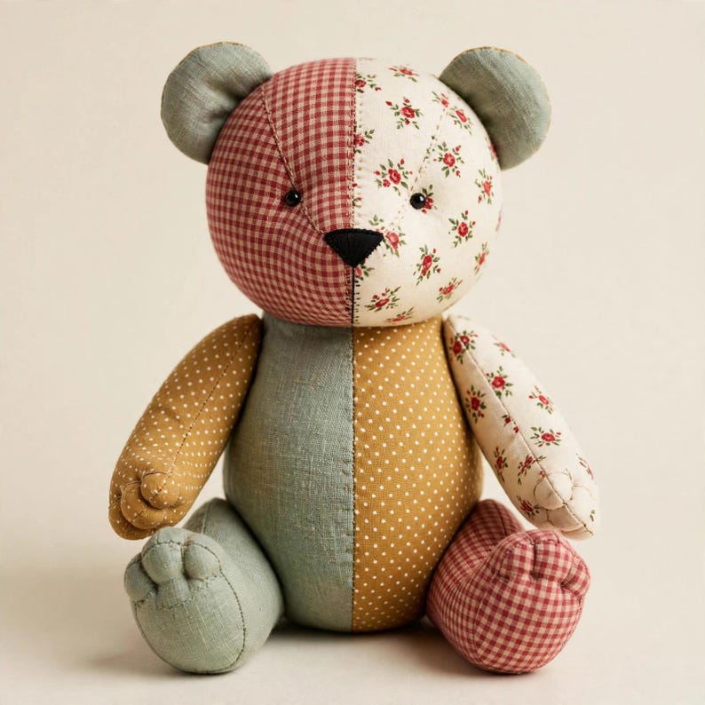 May include: A patchwork teddy bear constructed from various fabric patterns. The head features red gingham and cream floral fabric. The body combines solid sage green, mustard yellow polka dot, and floral panels. It has a black stitched nose.
