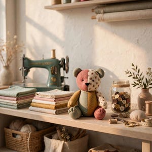 May include: A patchwork teddy bear made of various fabric patterns including red gingham, floral print, and yellow polka dots. The bear features a black stitched nose and sits on a wooden shelf alongside a sewing machine, fabric stacks, and a jar of buttons.