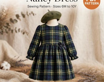 Girls Cozy Dress Sewing Pattern, Long Sleeve Dress Pattern PDF, Plaid Dress Sewing Pattern, Winter Girls Dress, Gathered Skirt Pattern