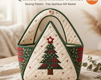 PDF-Schnittmuster für einen gesteppten Weihnachtskorb, Nähvorlage für einen Stoffkorb mit Baumapplikation, Weihnachtsgeschenkkor, Patchwork-Weihnachtsdeko, DIY-Weihnachten