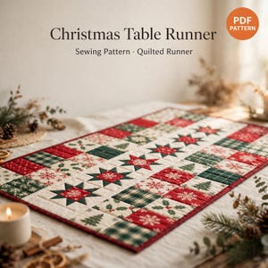 Mönster för julbordslöpare, quiltad lapptäckes-PDF, sömnadsmönster för stjärnquilt, julbordsdekorationer, DIY-quiltning
