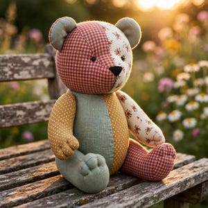 May include: A patchwork teddy bear constructed from various fabric patterns including red and white gingham, cream with small red floral prints, solid sage green, and mustard yellow with white polka dots, featuring black button eyes and nose.
