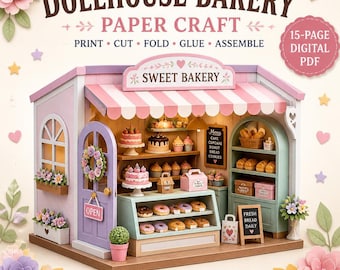 Manualidad de panadería para casa de muñecas en papel (PDF imprimible), plantilla de panadería en miniatura, kit de panadería para casa de muñecas DIY, modelo de papel a escala 1:12, descarga instantánea.