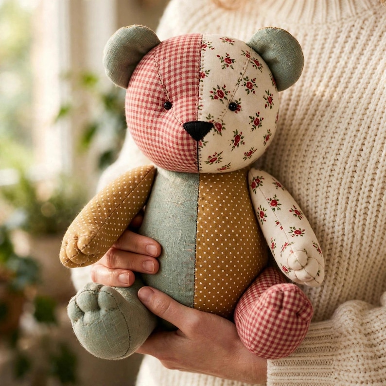 May include: A patchwork teddy bear constructed from various fabric patterns including red and white gingham, cream with small red floral prints, solid sage green, and mustard yellow with white polka dots, featuring a black stitched nose.
