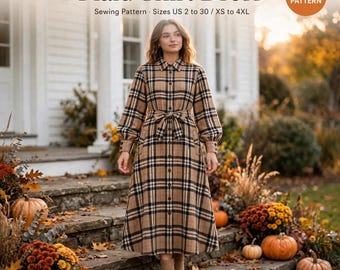 Plaid Shirt Dress Sewing Pattern, Tie Waist, Button Front, Long Sleeve Midi Dress PDF, Women's Sewing Pattern