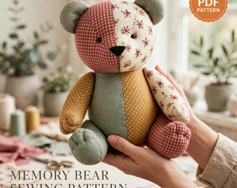 Modello PDF per cucire l'orsetto ricordo, orsetto di peluche patchwork, 5 misure formato A4 (US Letter)