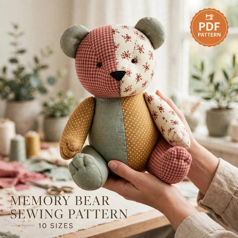 May include: A stuffed bear toy made from patchwork fabric featuring a mix of red gingham, cream floral, mustard yellow polka dot, and solid sage green panels. The bear has a black stitched nose and round ears. Text reads: PDF PATTERN.
