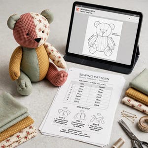 May include: A patchwork teddy bear made of red gingham, floral, and mustard yellow polka dot fabric, displayed next to a tablet and printed paper showing a sewing pattern with a size chart ranging from 12cm to 30cm and step-by-step instructions.