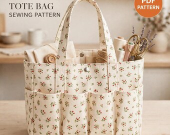 Multi Pockets Tote Bag Sewing Pattern PDF, Canvas Shopper Bag Pattern, Large Tote Bag, Organizer Bag, Medium Large, Instant Download