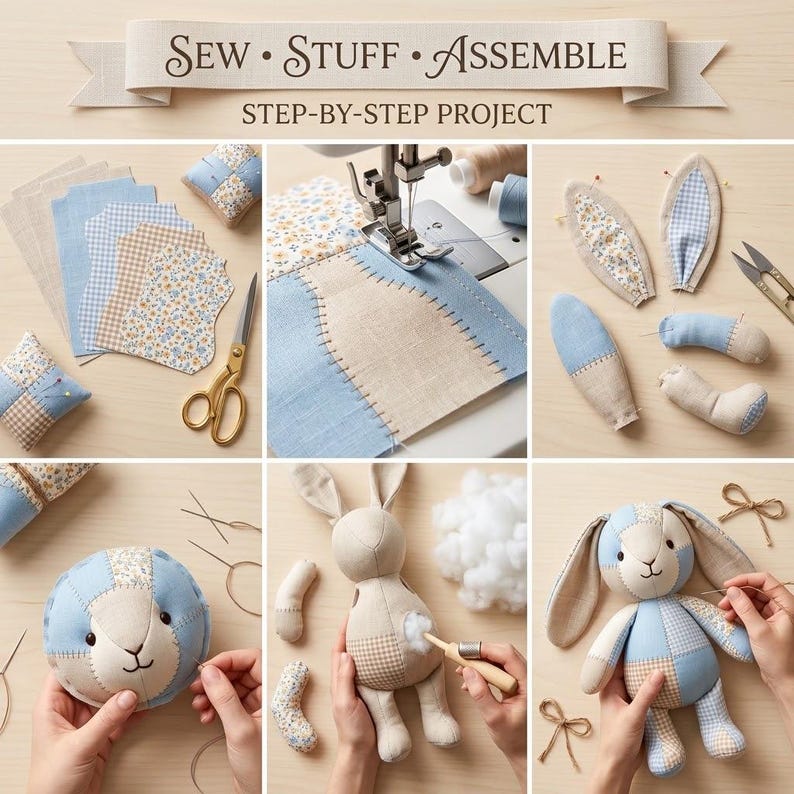 Memory Bunny Sewing Pattern, Patchwork Rabbit PDF Pattern, Stuffed Animal Pattern, Plush Bunny Toy, DIY Soft Toy Sewing Pattern image 7