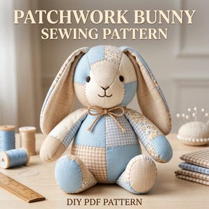 Memory Bunny Sewing Pattern, Patchwork Rabbit PDF Pattern, Stuffed Animal Pattern, Plush Bunny Toy, DIY Soft Toy Sewing Pattern
