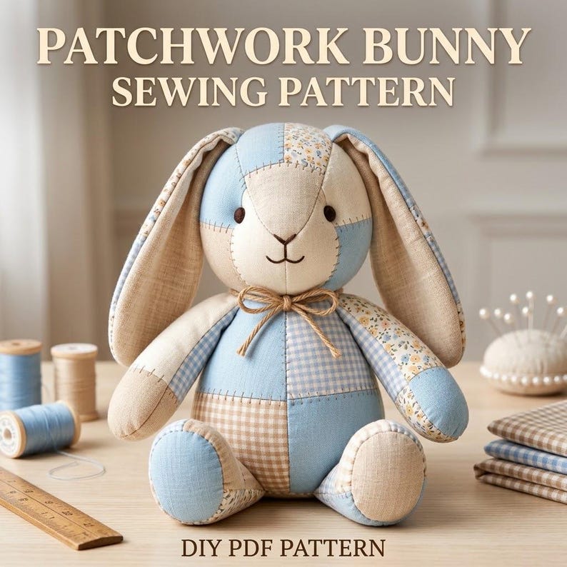 Memory Bunny Sewing Pattern, Patchwork Rabbit PDF Pattern, Stuffed Animal Pattern, Plush Bunny Toy, DIY Soft Toy Sewing Pattern image 1