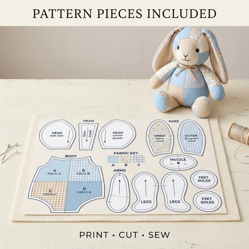 Memory Bunny Sewing Pattern, Patchwork Rabbit PDF Pattern, Stuffed Animal Pattern, Plush Bunny Toy, DIY Soft Toy Sewing Pattern image 4