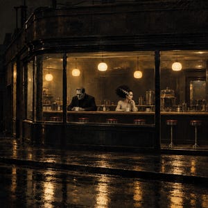 Puede incluir: Una calle oscura y lluviosa de noche con un restaurante de esquina de grandes ventanales. Dentro, dos figuras se sientan en la barra bajo lámparas colgantes cálidas. El pavimento mojado refleja el brillo de las farolas y la luz interior.