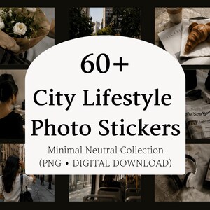 60+ fotoklistermärken med stadslivsstil | Neutral urban journaling (digital nedladdning)