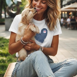 May include: A white short-sleeved t-shirt featuring a blue denim heart-shaped patch on the chest with a small red heart icon in the center. The shirt is paired with light blue distressed denim jeans and clean white sneakers for a casual look.