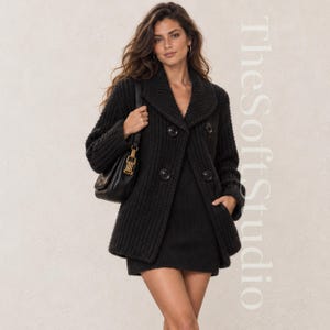 May include: A black chunky knit cardigan with a wide collar and four large buttons, worn over a matching black knit dress. A black shoulder bag with gold hardware is carried on the side. The text TheSoftStudio is visible on the right side.