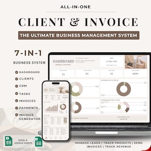 Può includere: Un sistema di gestione aziendale digitale visualizzato su uno schermo di laptop e smartphone. L'interfaccia presenta una dashboard con dati sui clienti, entrate e monitoraggio delle attività. Testo: ALL-IN-ONE CLIENT & INVOICE, 7-IN-1 BUSINESS SYSTEM.