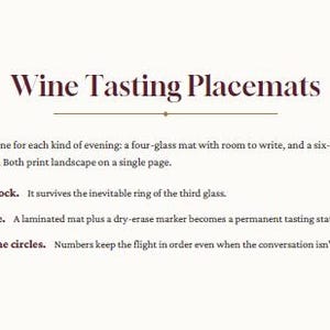 May include: Wine Tasting Placemats text on a white background. The text describes two landscape-oriented placemats for four or six glasses, with instructions to print on card stock or laminate for use with dry-erase markers and glass placement.