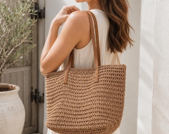 Bolso tote de paja tejida, bolso de hombro grande estilo bohemio para la playa, bolso de viaje de verano.