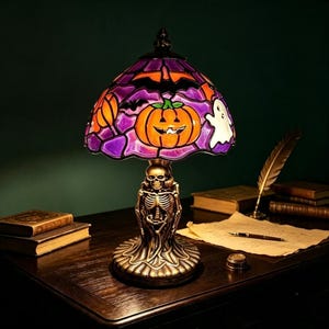 Halloween Witch & Black Cat Table Lamp, Moon Bat Pattern Desk Light,Halloween Decor, Vintage Fall Night Lamp, Spooky Witchy Home Ornament