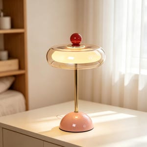Lampe de table rétro OVNI : Veilleuse de chevet en verre style moderne du milieu du siècle (rechargeable par USB)