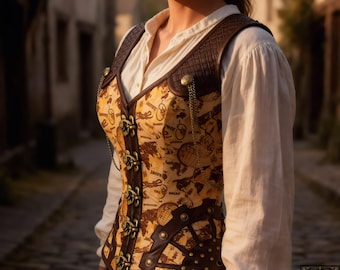 Renaissance Map Corset Bodice, Ren Faire Steampunk Corset Top, Pirate Historical Fantasy Festival Wear