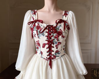 Floral Lace-Up Corset Top, Renaissance Inspired Bodice, Romantic Fantasy Clothing