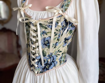 Blue Floral Renaissance Corset Top, Painterly Bodice, Lace-Up Festival Wear