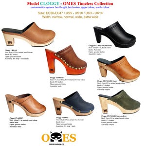Pode incluir: Uma coleção de tamancos Model CLOGGY OMES Timeless em várias cores, incluindo castanho, preto, azul-marinho e azeitona. Estes sapatos sem atacadores apresentam saltos de madeira de 8cm a 14cm, partes superiores em pele e detalhes em pregos.