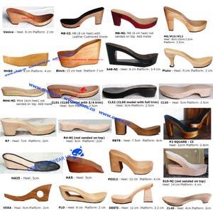 May include: A collection of various wooden shoe soles and clogs featuring different heel heights, platform styles, and finishes. The image displays multiple models labeled with specific measurements in centimeters, including block, wedge, and square heel designs.