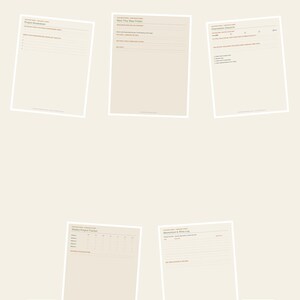 May include: The ADHD Project Breakdown Planner features five beige printable pages with dark text, including Project Breakdown, Next Tiny Step Finder, and Momentum & Mini Log. The header reads THE ADHD PROJECT BREAKDOWN PLANNER, Turn Overwhelming Projects Into Tiny Startable Steps, with buttons for INSTANT DOWNLOAD, 6 PAGES, and LETTER + A4.