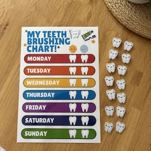 May include: A white teeth brushing chart with the text MY TEETH BRUSHING CHART, featuring colourful horizontal bars for each day of the week, sun and moon icons, and a set of small, separate stickers shaped like smiling white teeth for tracking.