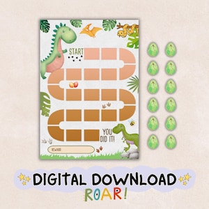 May include: A dinosaur-themed game board featuring a winding path of orange squares, a green dinosaur, a pterodactyl, a snake, and a bee. The board includes the text START, YOU DID IT, and REWARD, accompanied by twelve small green egg tokens.